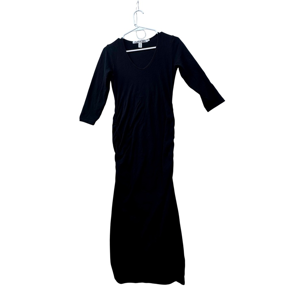 Michael Stars Maxi Dress Women Size S Black Ruched V-Neck 3/4 Sleeve Minimalist